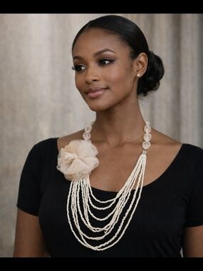 Beige Floral Bead Necklace – Long Draped Multi-Strand Statement Piece